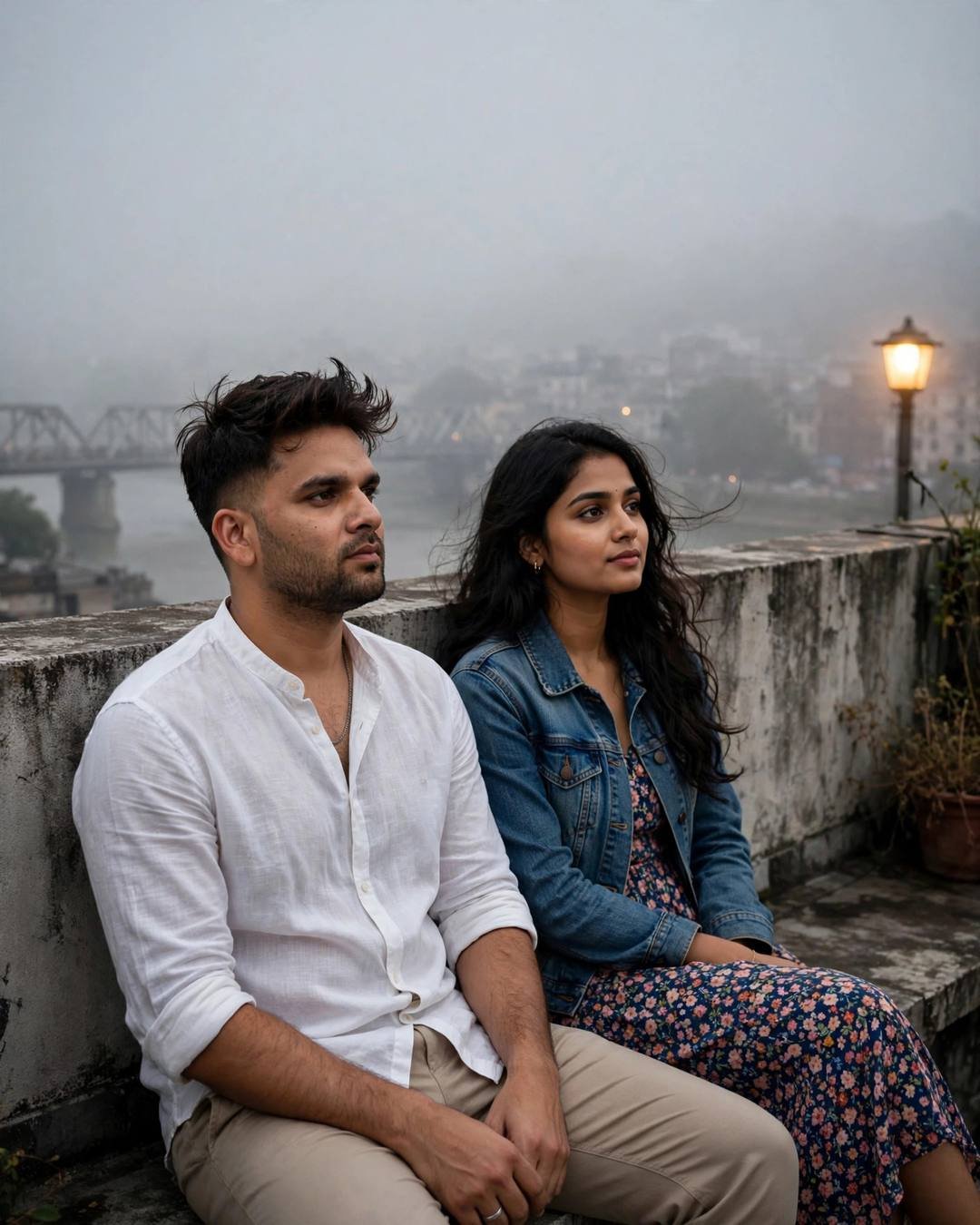 Couple sitting on a rooftop above a foggy river at dusk, a streetlamp glowing orange