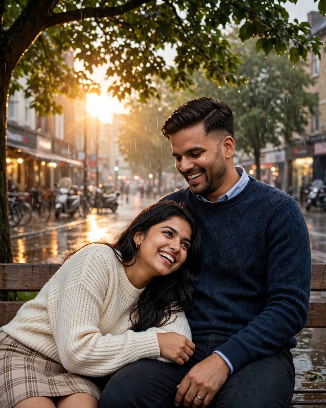 Laughing couple on a bench under a tree on a rain-soaked street in golden-hour backlight