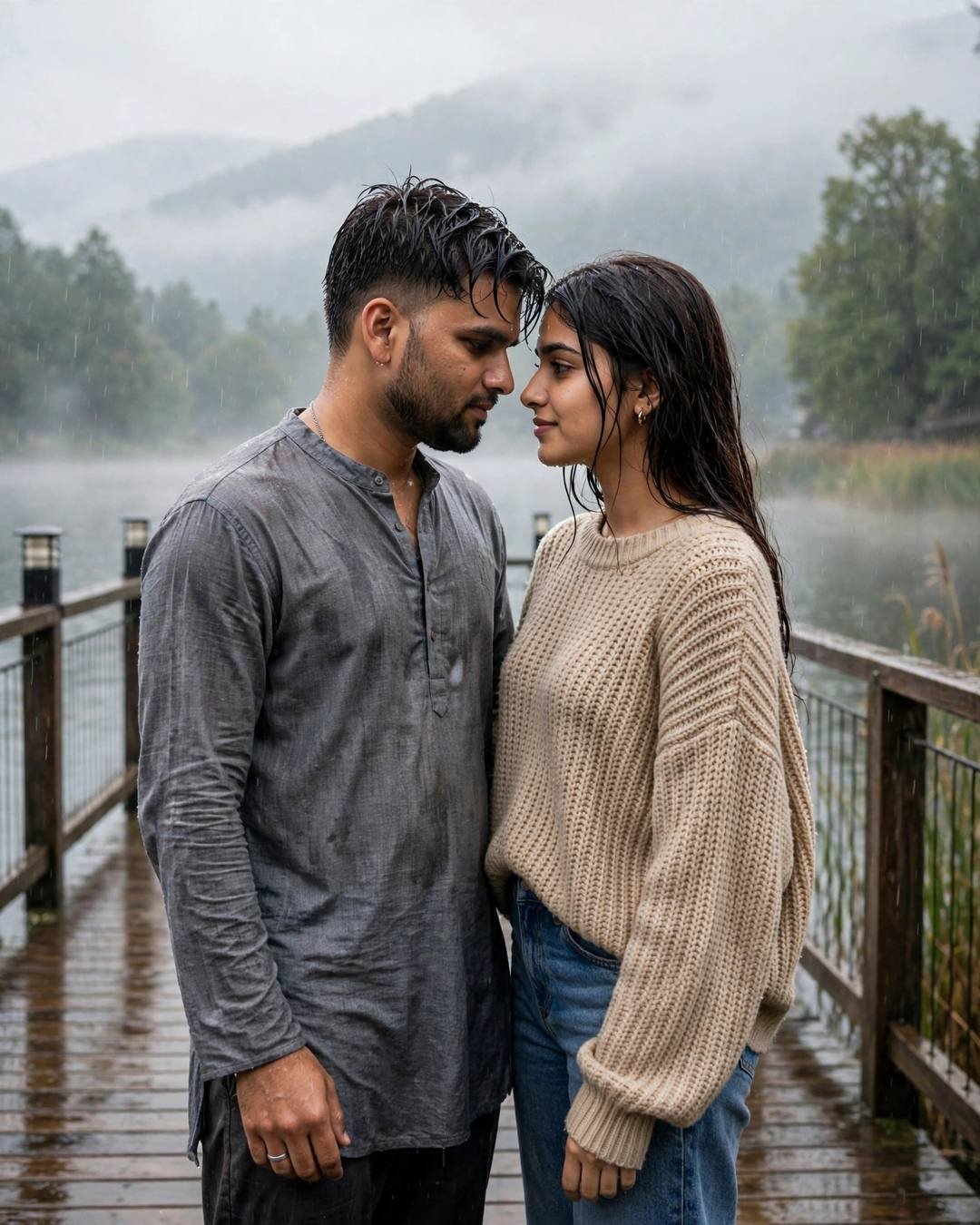 Couple standing face to face with foreheads almost touching on a misty lake pier in light rain