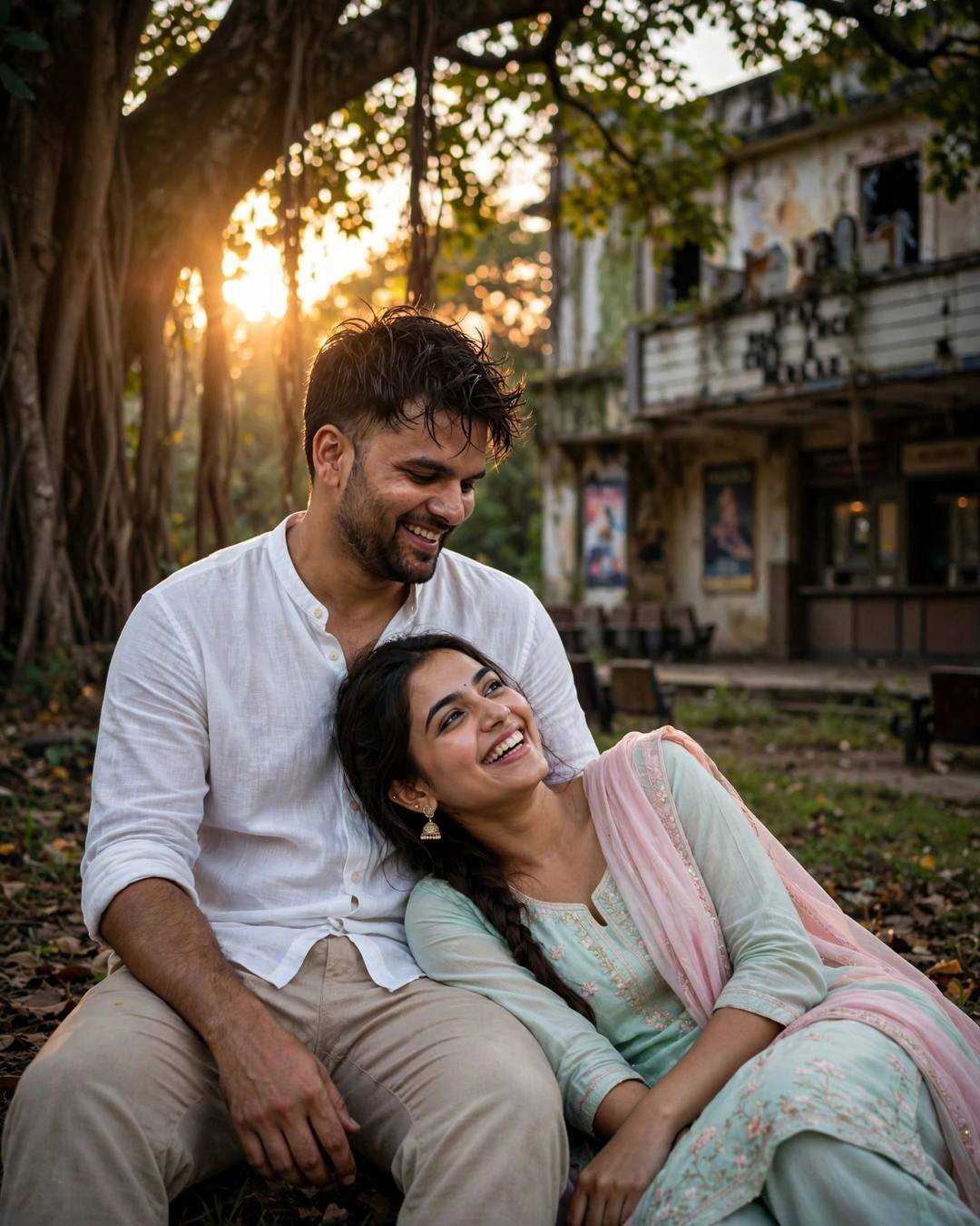 Couple frozen mid-step under a banyan tree at golden hour beside an abandoned cinema