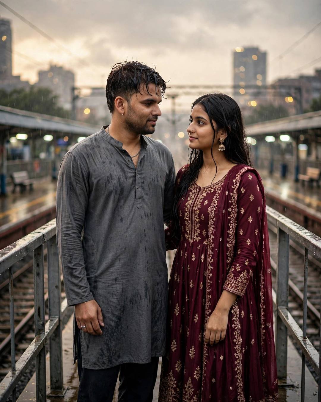 Couple standing close on a railway footbridge after rain, city lights blurring behind
