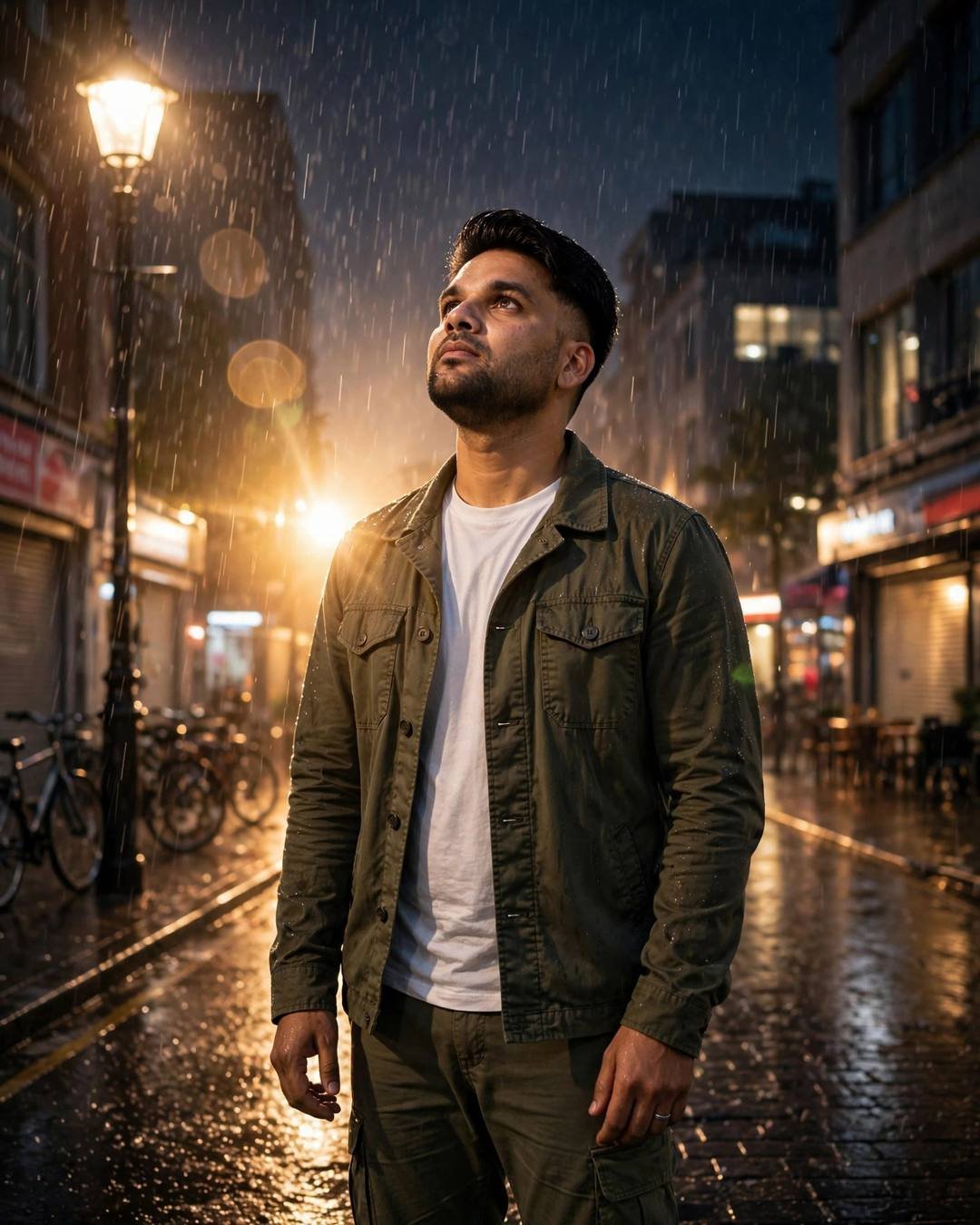 Young Indian man in an olive field jacket standing under a streetlamp in the rain, face lifted to the sky