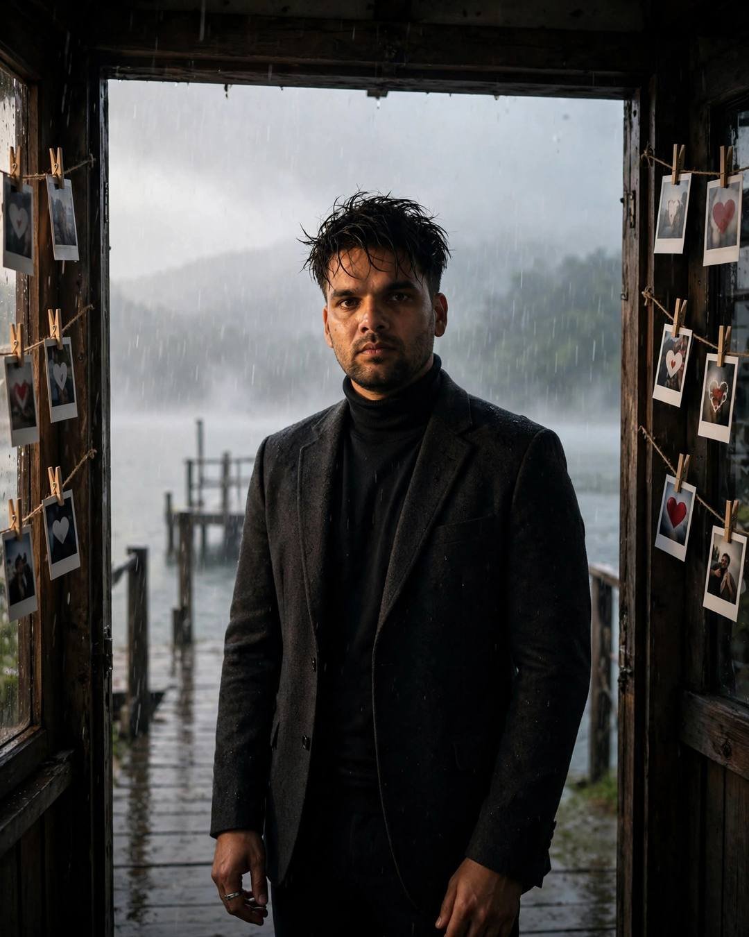 Young Indian man in a charcoal blazer and black turtleneck standing half in shadow in a doorway at a rainy lake pier
