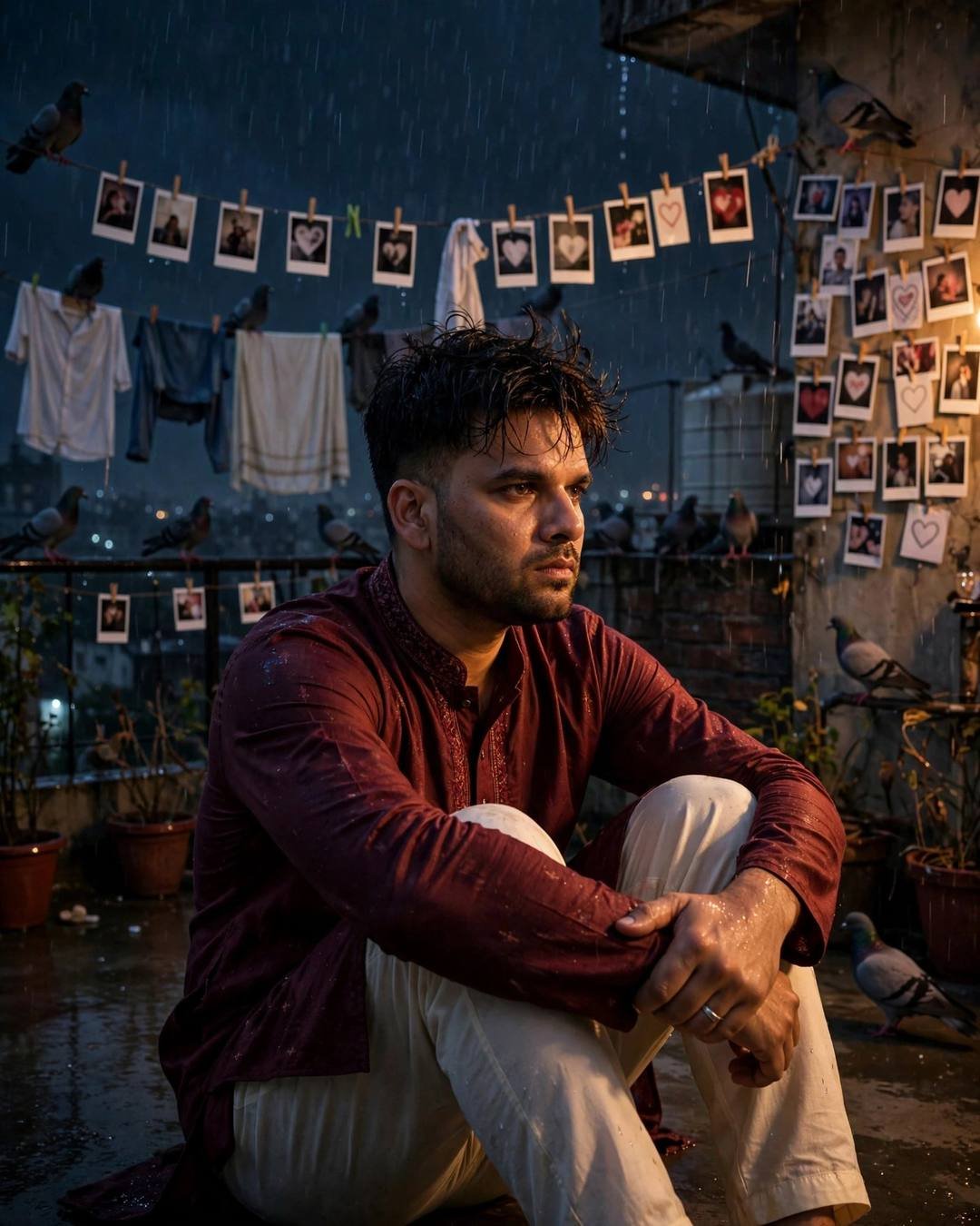 Young Indian man in a maroon kurta sitting with knees drawn up on a rainy rooftop terrace surrounded by pigeons and clothes lines