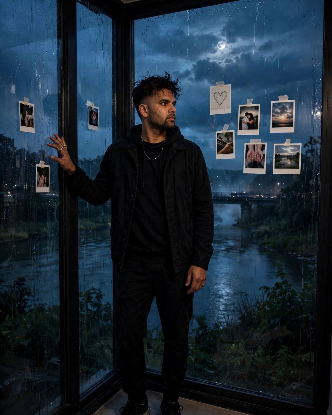 Young Indian man in all-black streetwear standing at a rain-streaked window with one hand on the glass, moonlit river behind