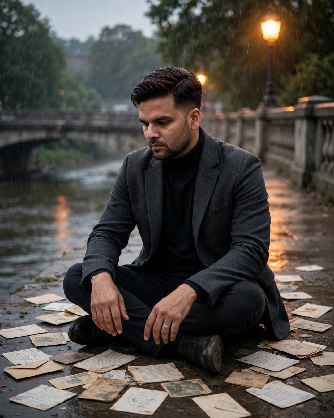 A young Indian man in a charcoal blazer and black turtleneck sitting cross-legged among scattered old letters on a rain-wet bridge, golden streetlamp glow