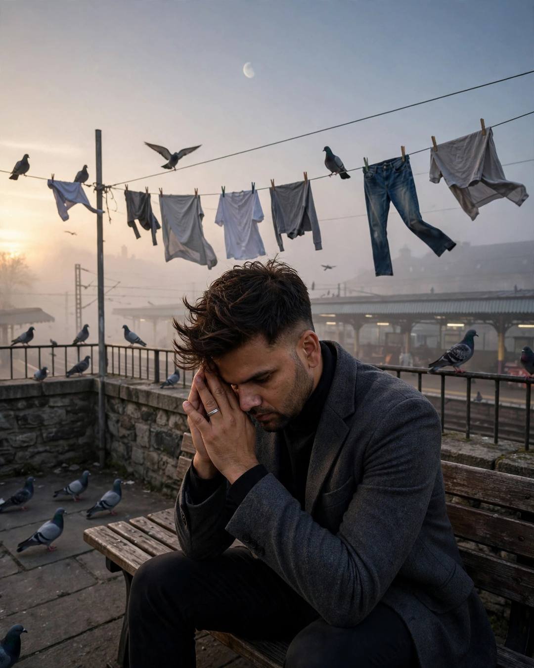 A young Indian man in a charcoal blazer and black turtleneck sitting on a terrace bench, head in hands, headphones on, foggy moonlit night with pigeons