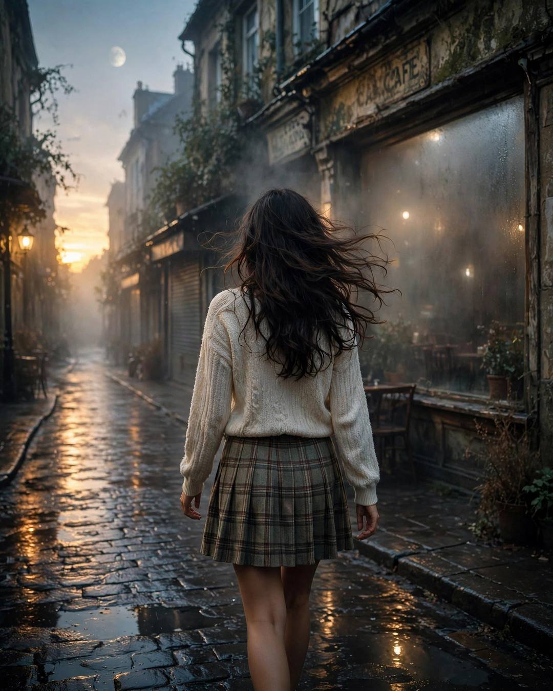 A young Indian woman in a cream knit top and plaid skirt walking away down a wet cobbled street past an old fogged-window cafe, golden hour and moonlight