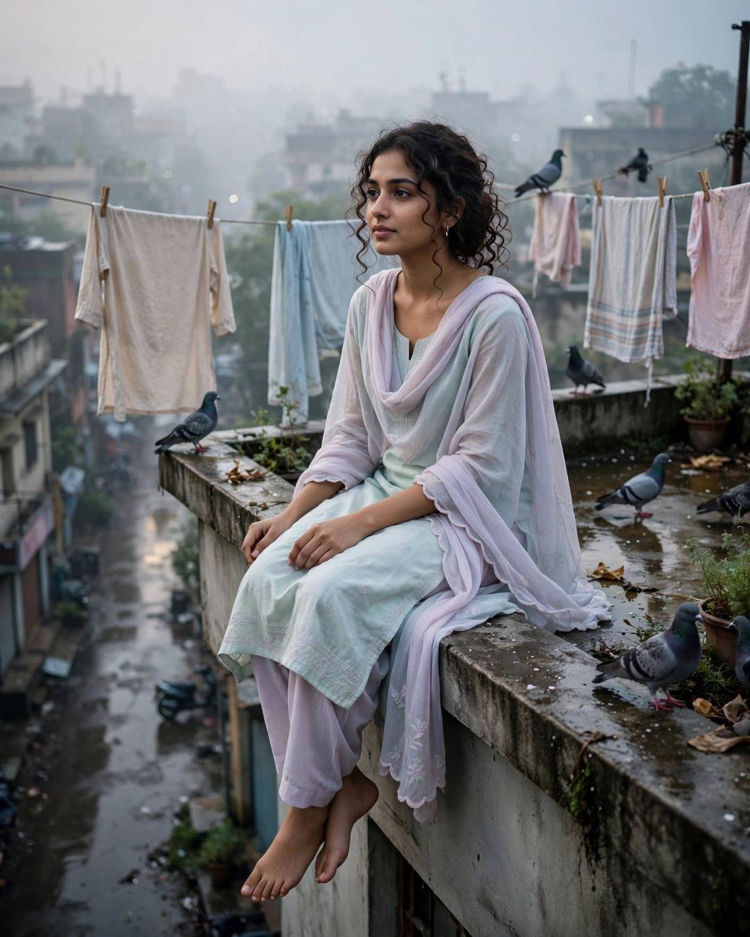 A young Indian woman in a pastel salwar-kameez with soft curls, sitting on a rooftop ledge with bare feet dangling, drying clothes lines and pigeons behind her