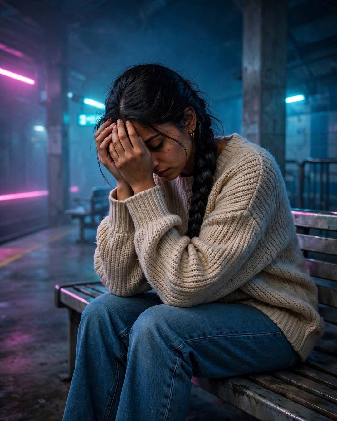 A young Indian woman in an oversized beige sweater and jeans with a long braid, sitting on a midnight metro station bench, head in hands, neon pink and cyan glow