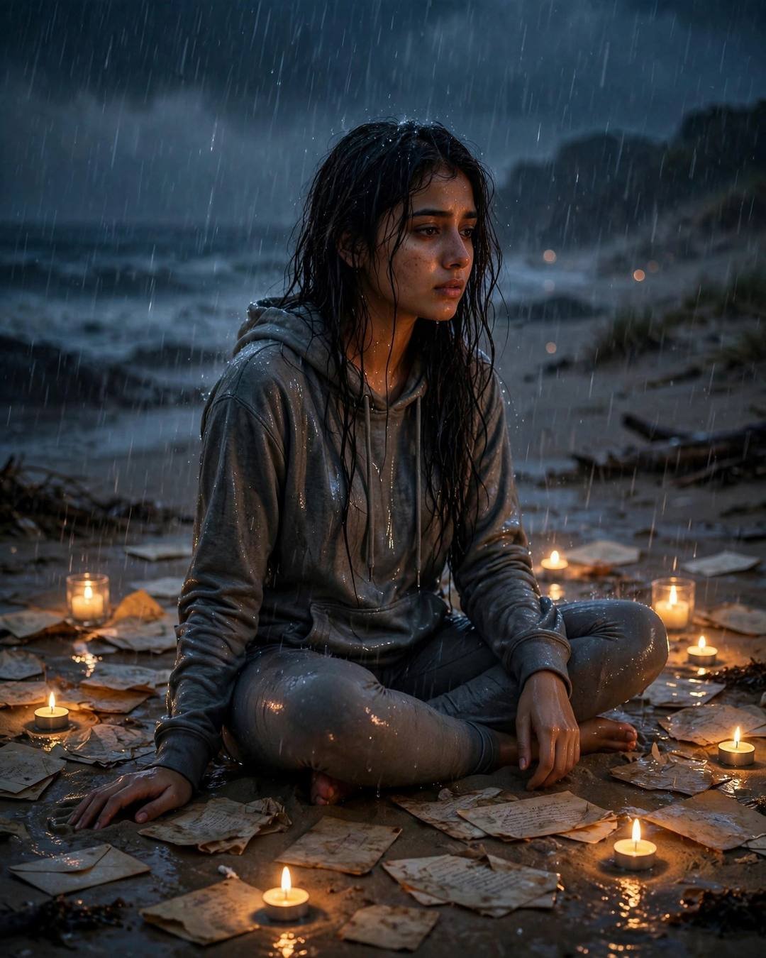 A young Indian woman in a grey hoodie and leggings with wet hair, sitting cross-legged on a monsoon beach surrounded by old letters and lit candles
