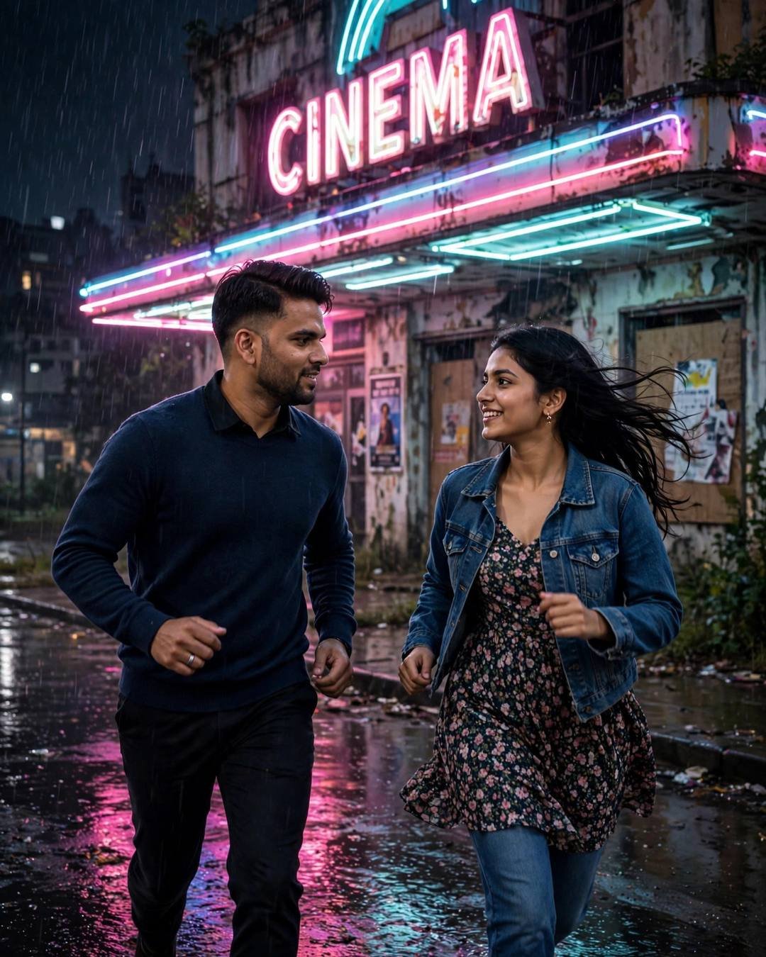 Sneaking up to a rooftop to watch — AI-generated Night Couple portrait