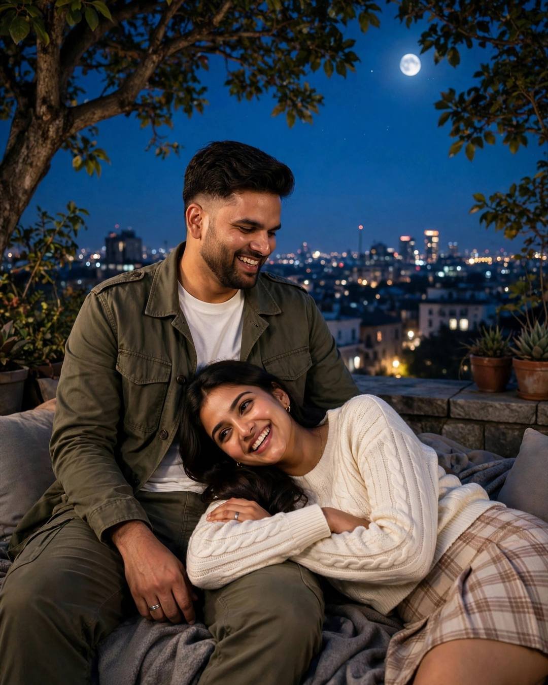 Sharing secrets on a moonlit terrace — AI-generated Night Couple portrait