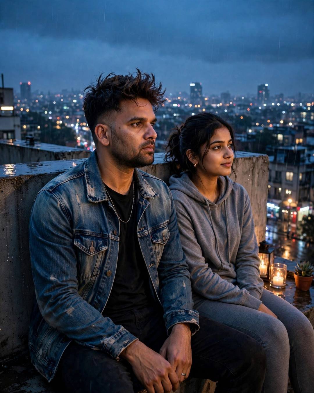 His arm around her as bright fireworks — AI-generated Night Couple portrait