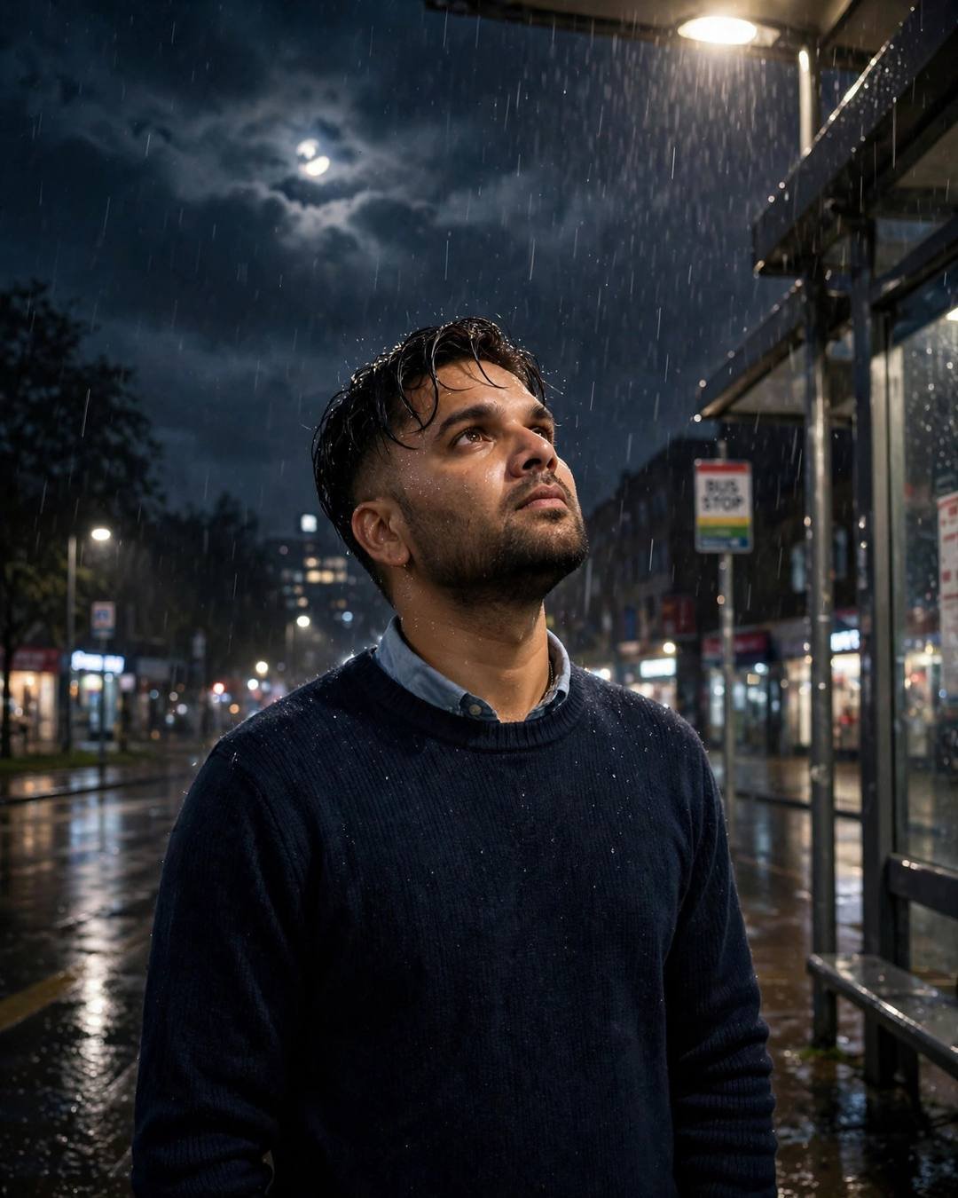 Young Indian man in navy sweater under a streetlamp in midnight rain, face lifted to the sky