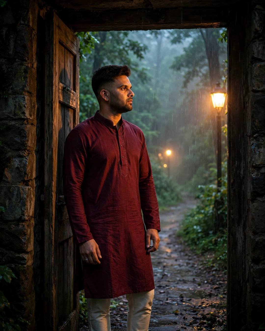 Young Indian man in maroon kurta in a stone doorway, misty rainy forest path with warm streetlamps