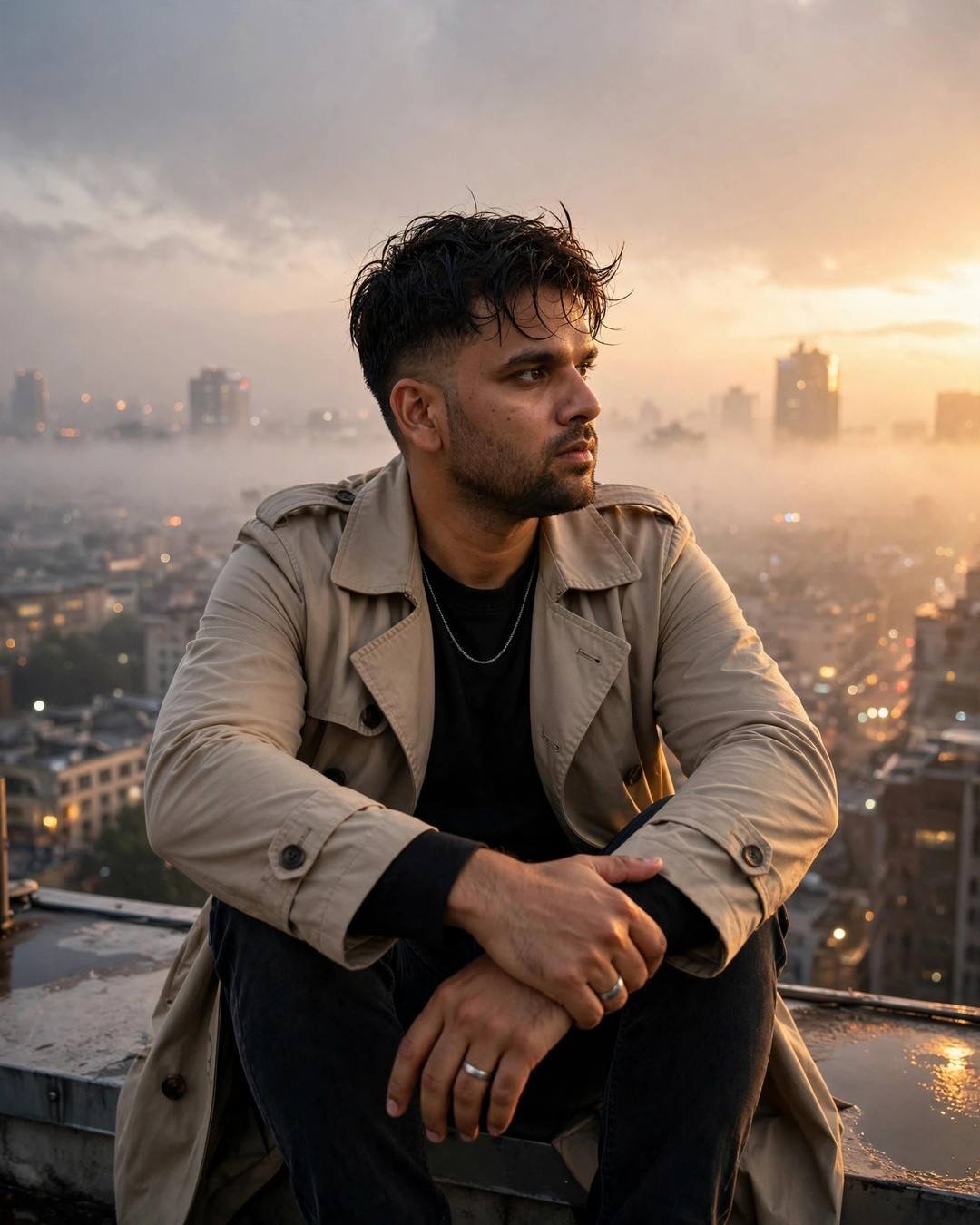 Young Indian man in beige trench coat on a rooftop above foggy city lights at golden hour