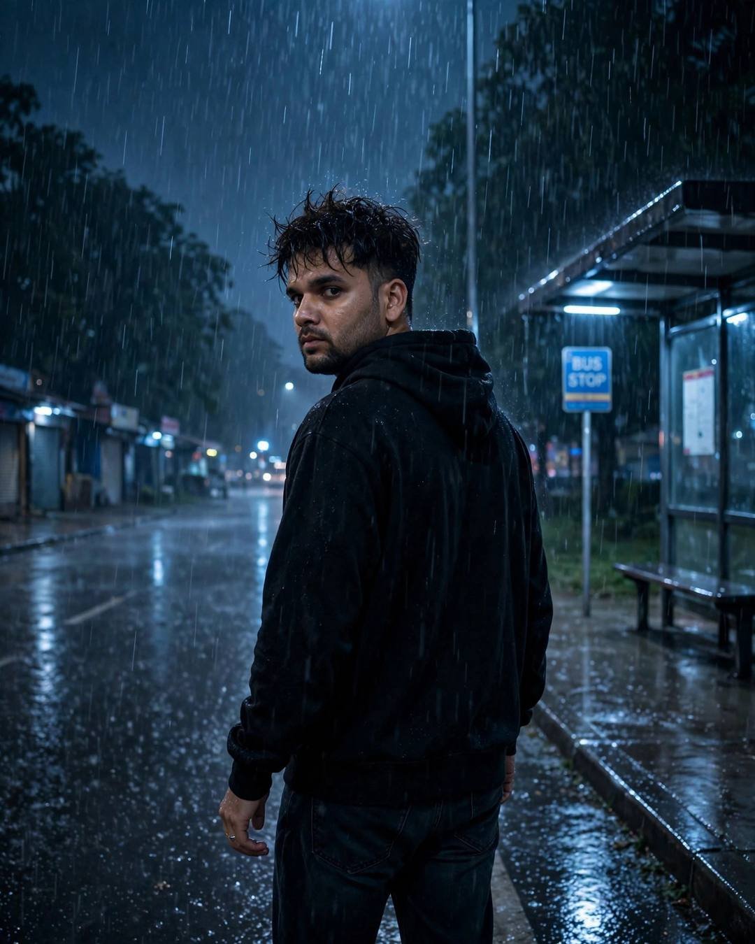 Young Indian man in black hoodie looking back over his shoulder in heavy rain at a midnight bus stop
