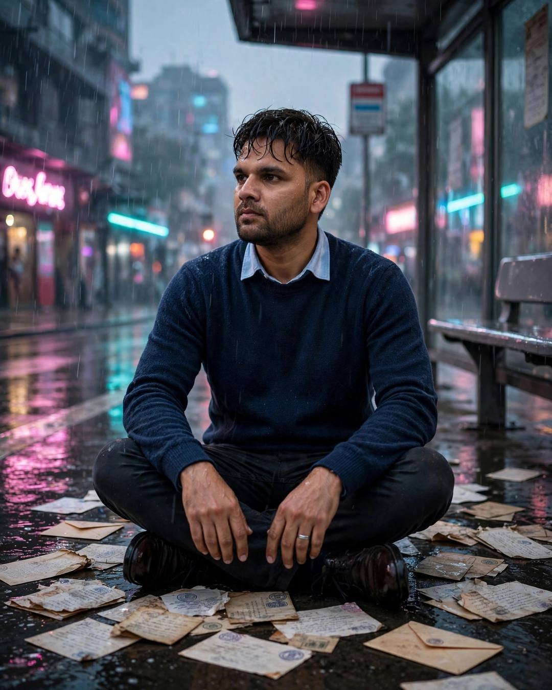 Young Indian man in navy sweater sitting cross-legged among letters at a neon-lit rainy bus stop