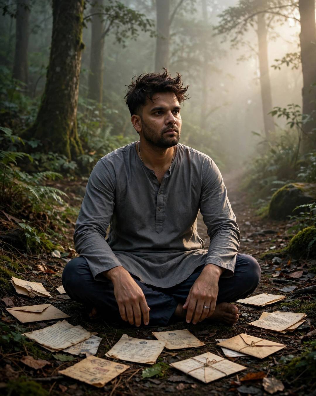 Two wet footprints in spilled tea beside — cinematic AI portrait