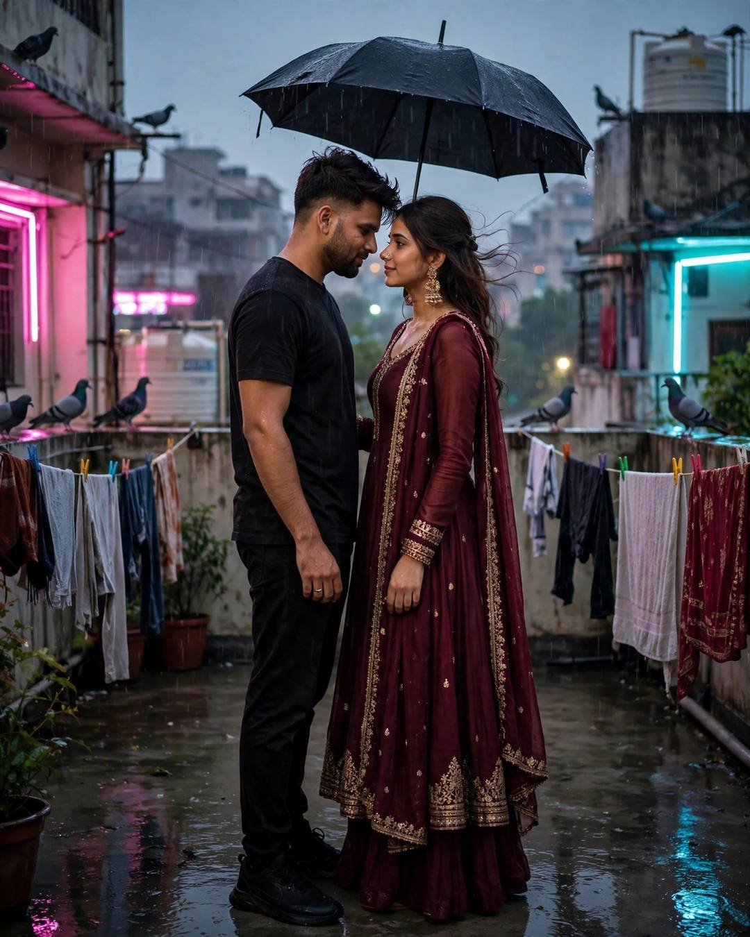 Their reflections softly merging in a rain-rippled — AI-generated Rainy Couple portrait