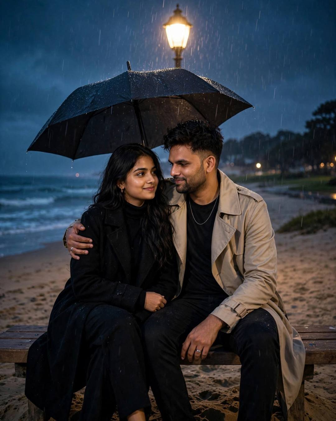 A single shared raincoat with both awkwardly — AI-generated Rainy Couple portrait