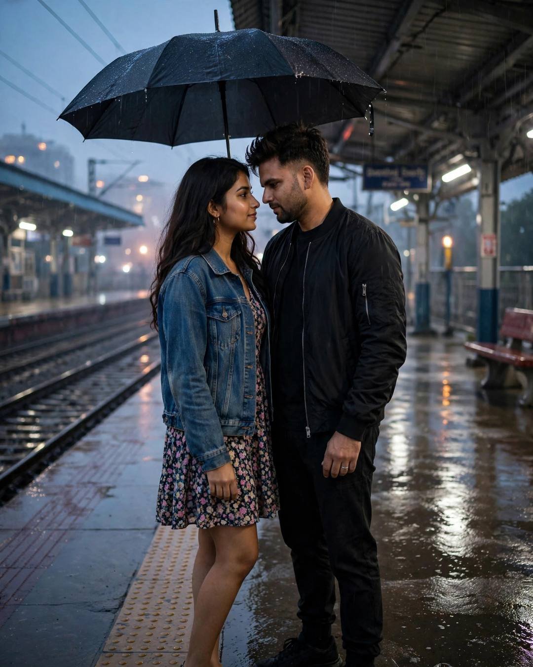 Lightning flashing brightly while they count the — AI-generated Rainy Couple portrait