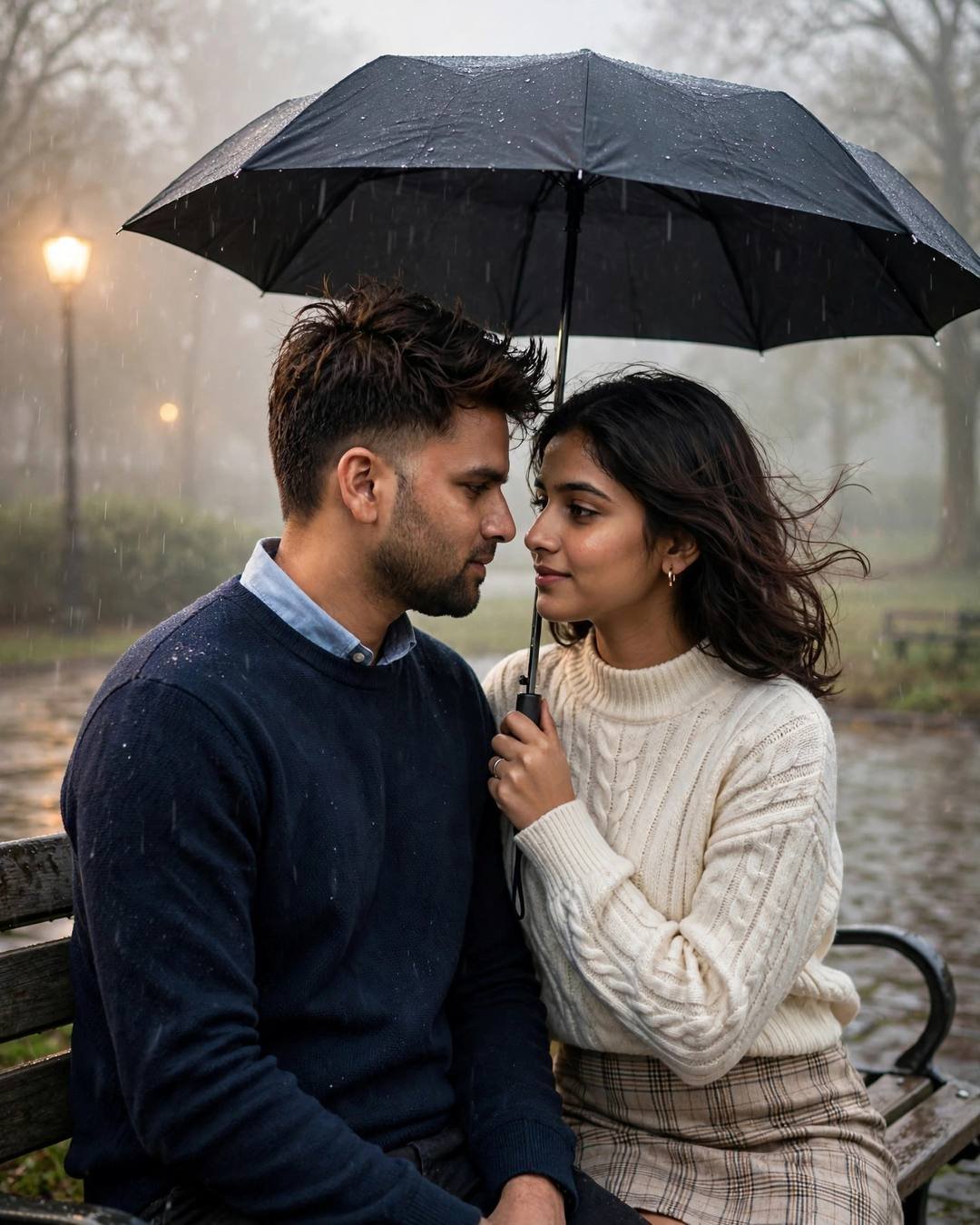 Her gently fixing his drenched hair under — AI-generated Rainy Couple portrait