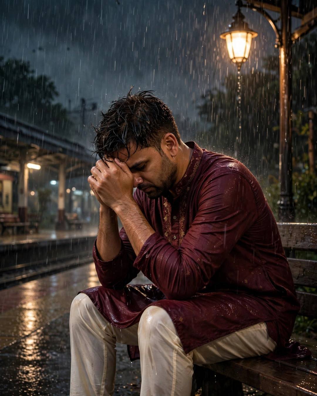Him pressing his forehead hard against a — AI-generated Rainy Sadness portrait