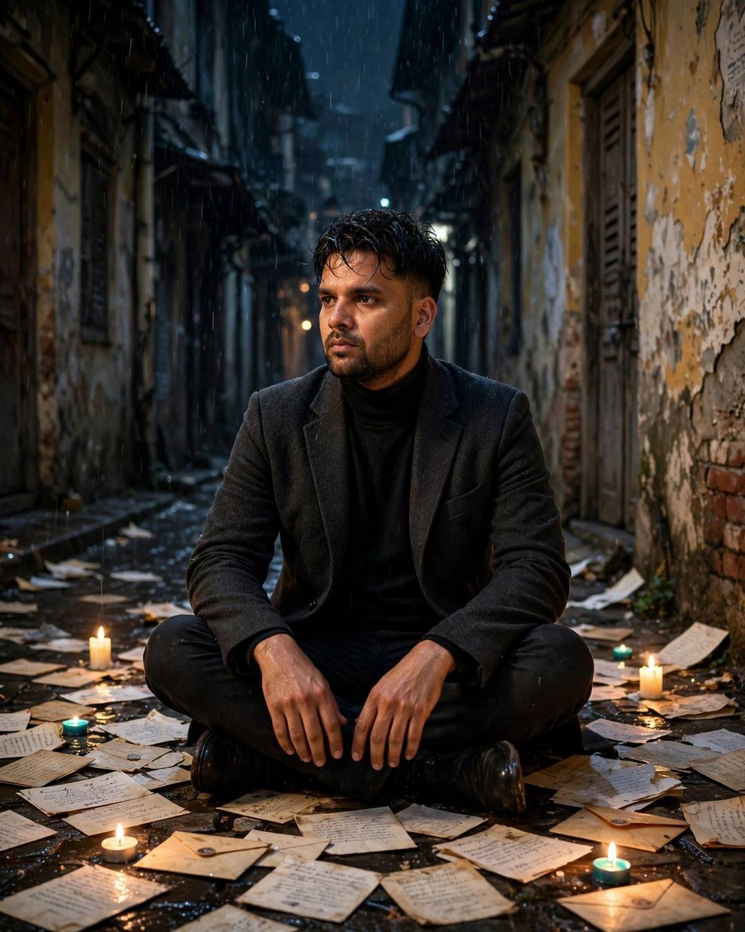 Standing under a dripping banyan tree as — AI-generated Rainy Sadness portrait