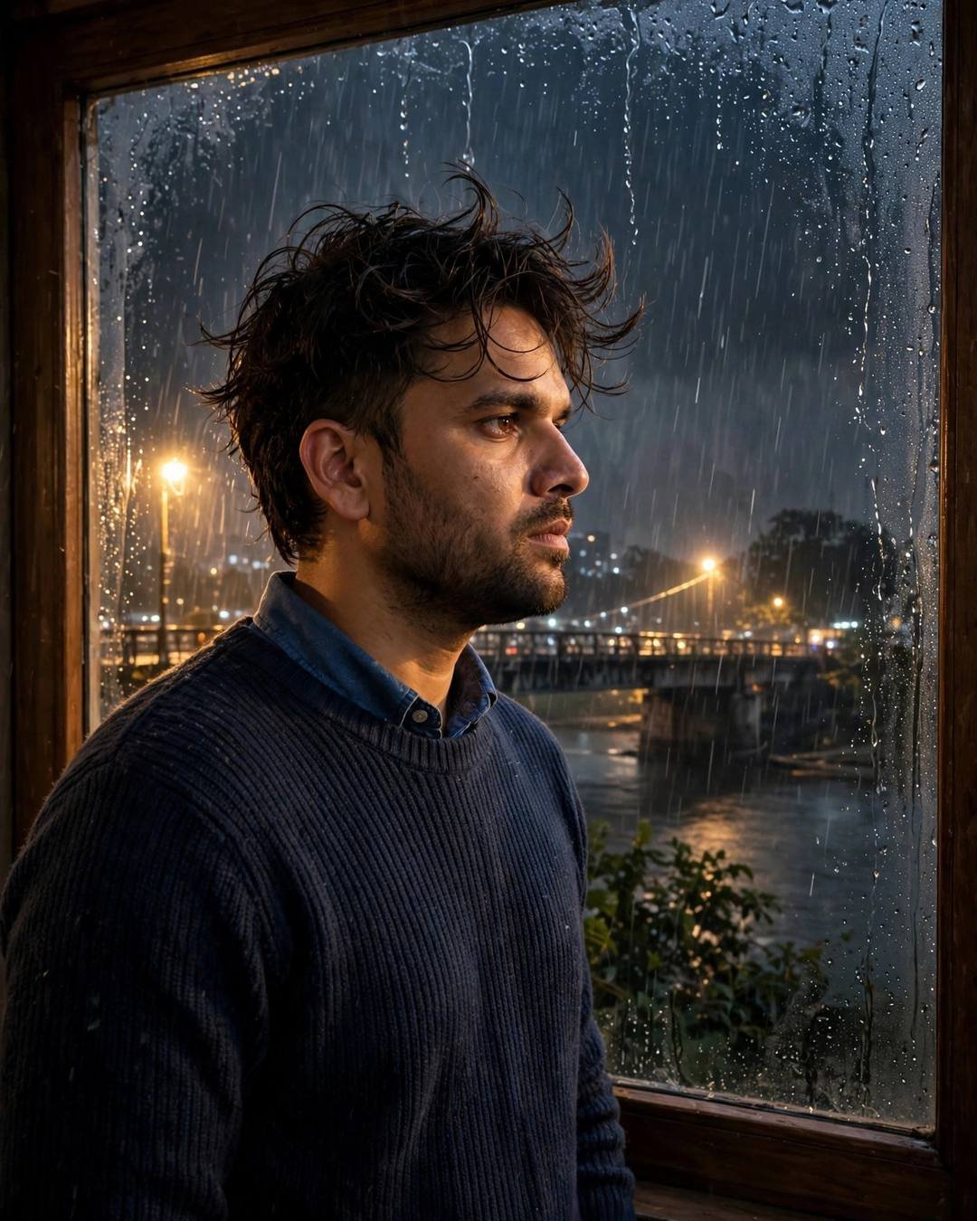 His breath fogging in the cold as — AI-generated Rainy Sadness portrait