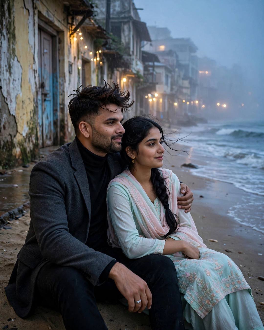 Couple sitting on beach sand at blue hour beside an old foggy city lane, his arm around her