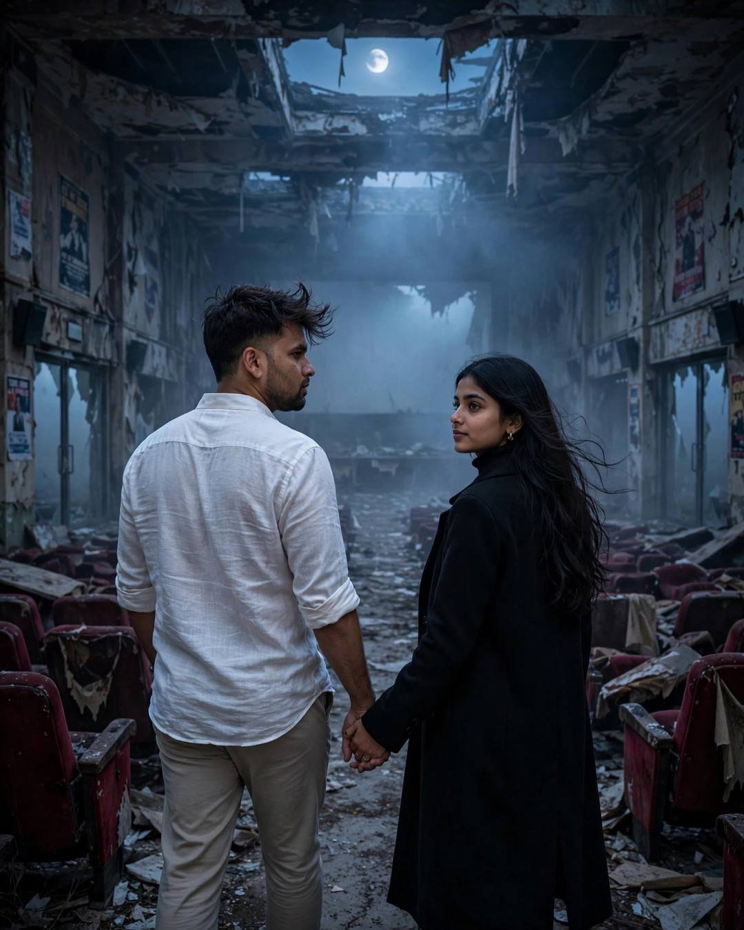 Couple walking hand in hand through an abandoned moonlit cinema hall in dense fog