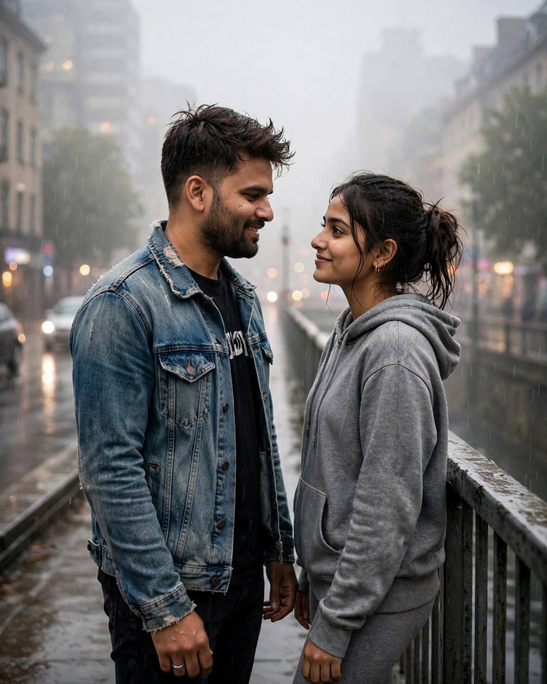 Couple facing each other on a rain-washed bridge at dawn with the city blurring behind