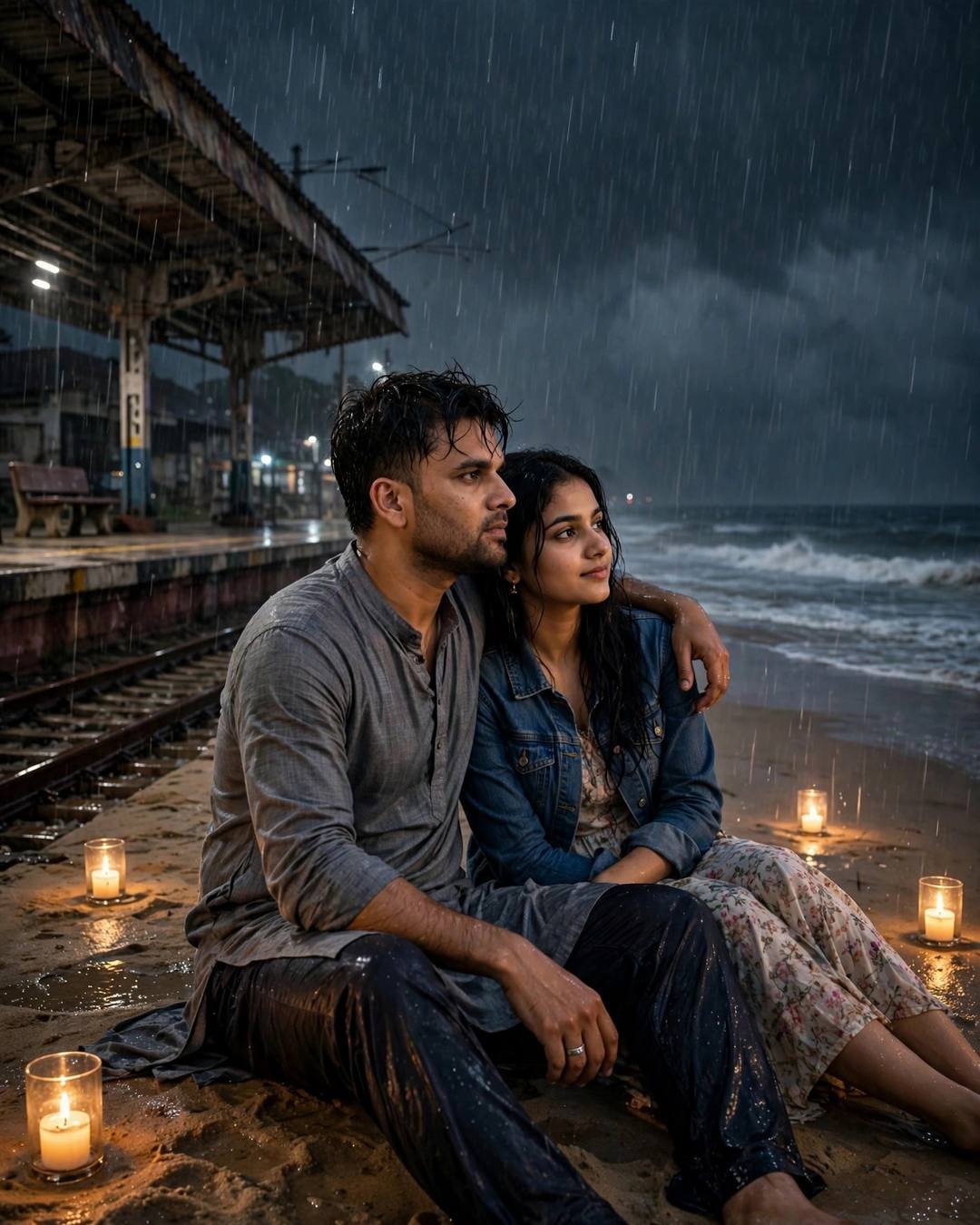 Couple sitting on wet sand at a railway platform edge in monsoon rain, candles glowing around them