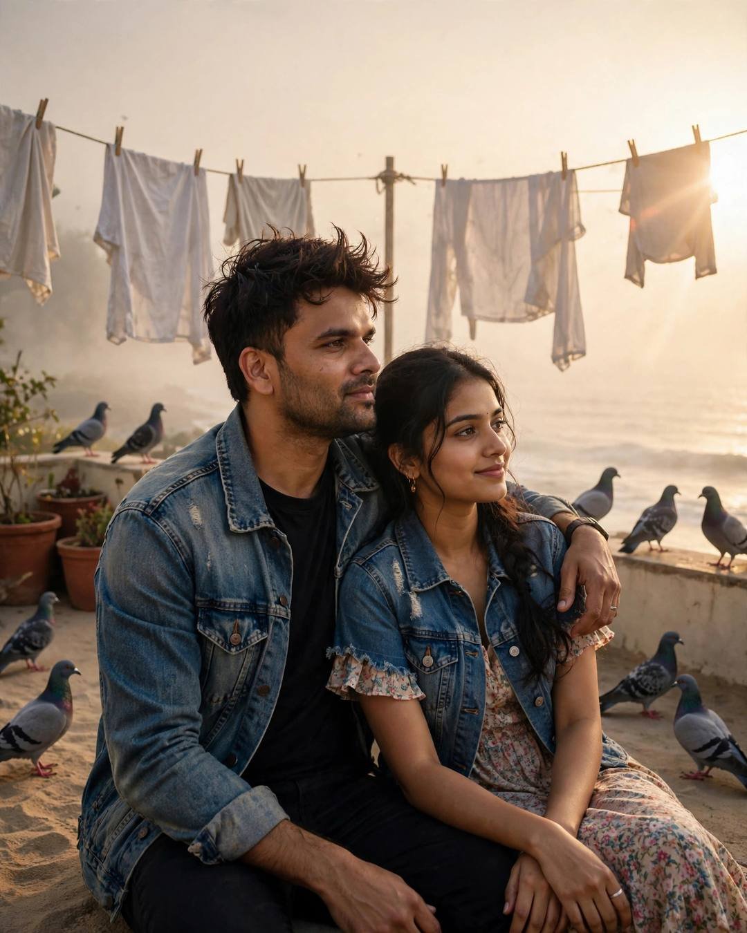 Young couple in denim jackets sitting close on a foggy rooftop terrace at dawn, clotheslines with drying clothes and pigeons around them, golden sunlight flaring