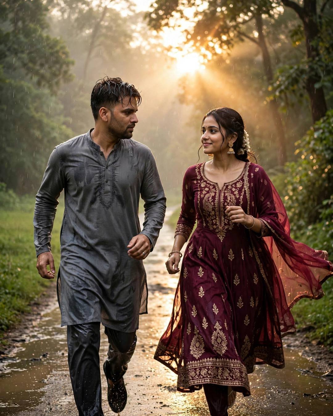 Young Indian couple running toward each other on a wet forest path, man in grey kurta, woman in maroon embroidered anarkali, golden sunrise backlight through trees