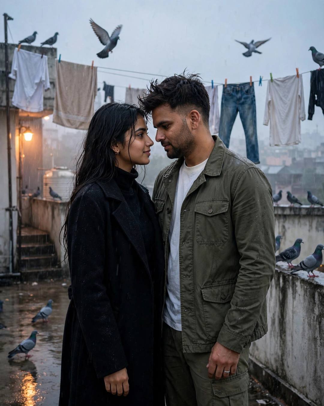 Couple standing forehead to forehead on a rooftop terrace in drizzle, man in olive field jacket, woman in black turtleneck coat, clotheslines and pigeons behind