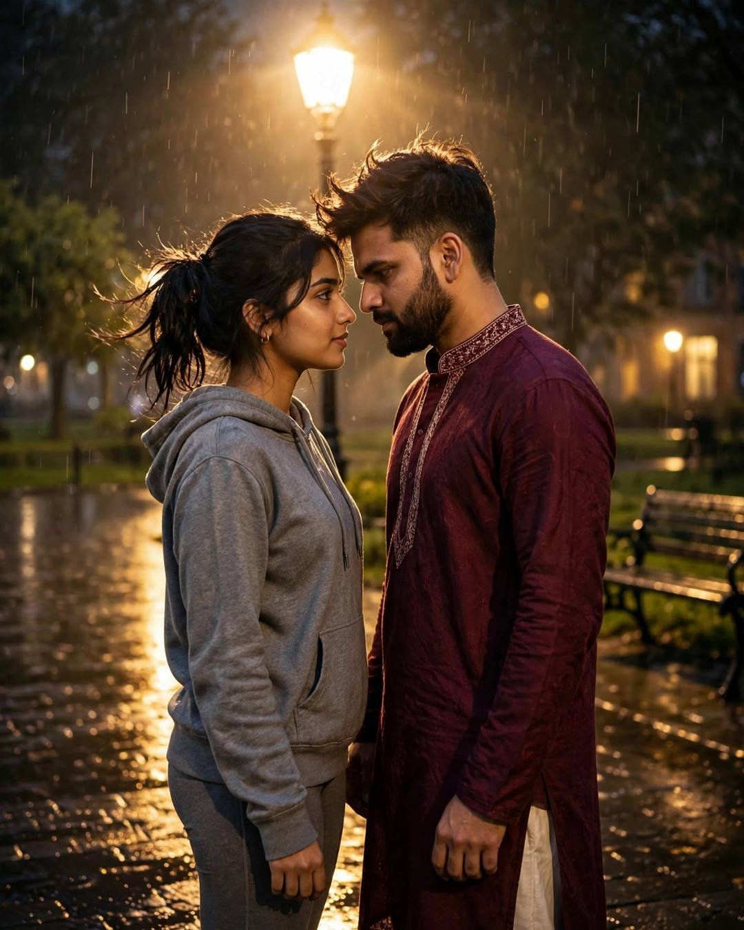 Couple with foreheads touching under a park street lamp at midnight in rain, man in maroon kurta, woman in grey hoodie, wet pavement reflecting light