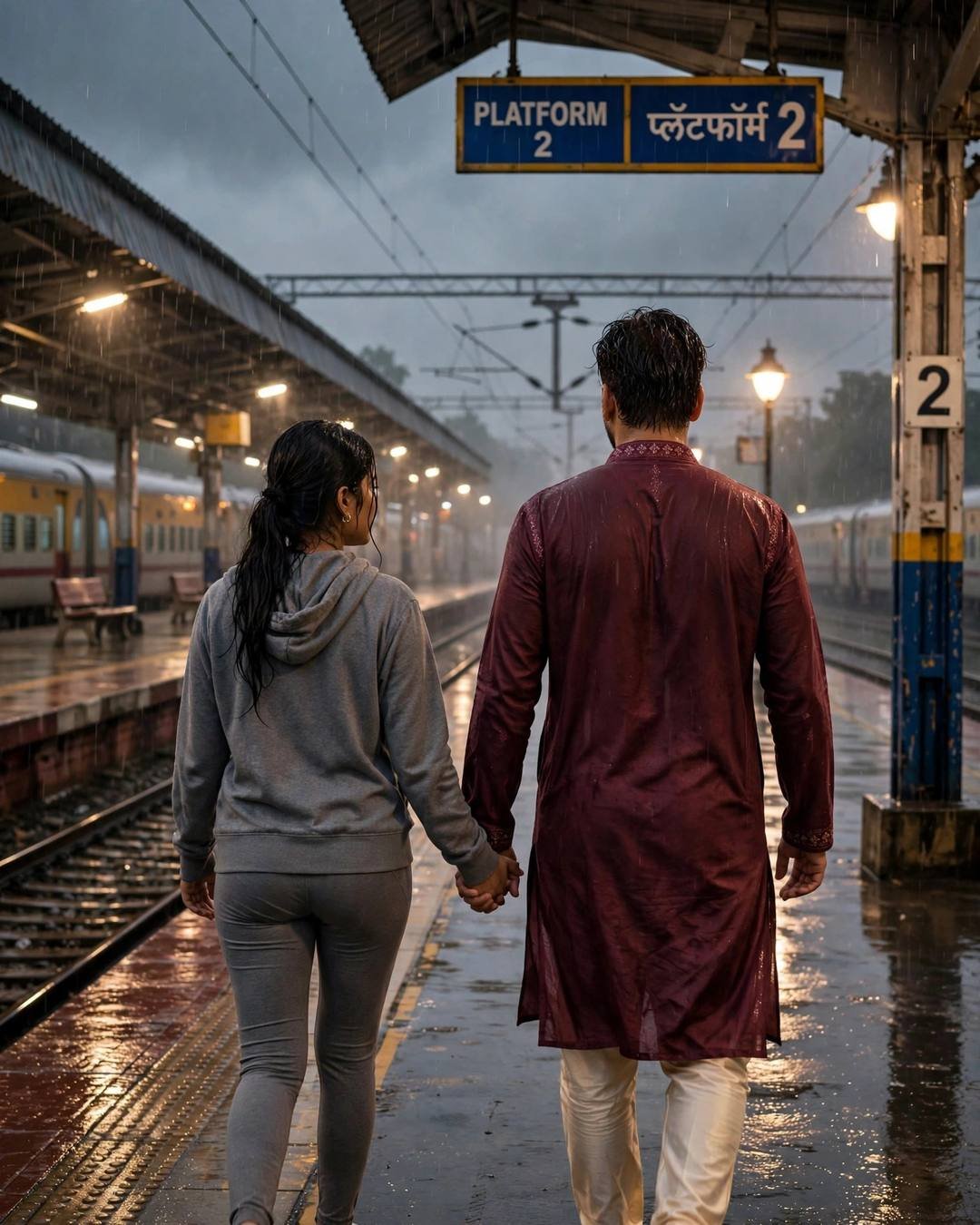 Foreheads touching under a shared gamcha as — AI-generated Romantic Rain portrait