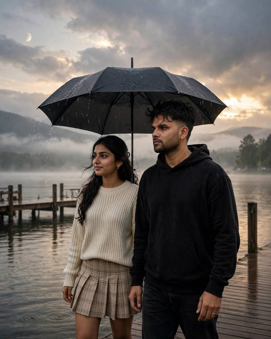 A rainbow arcing as the rain slows, — AI-generated Romantic Rain portrait