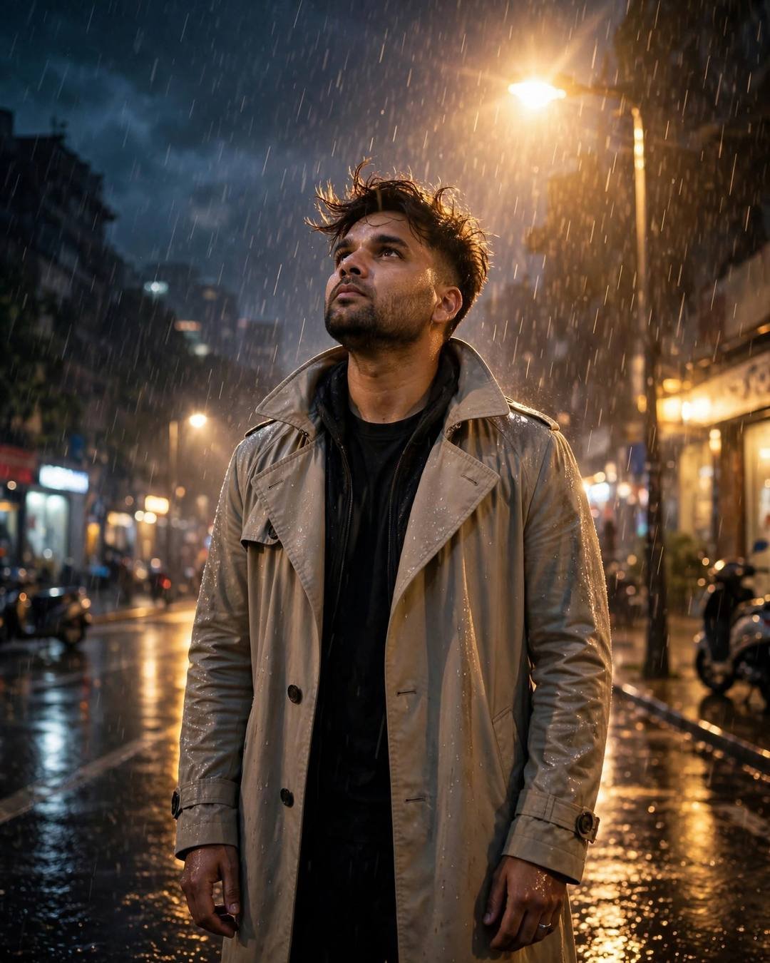 Young man in beige trench coat over dark layers standing under a streetlamp in heavy rain, face lifted to the sky