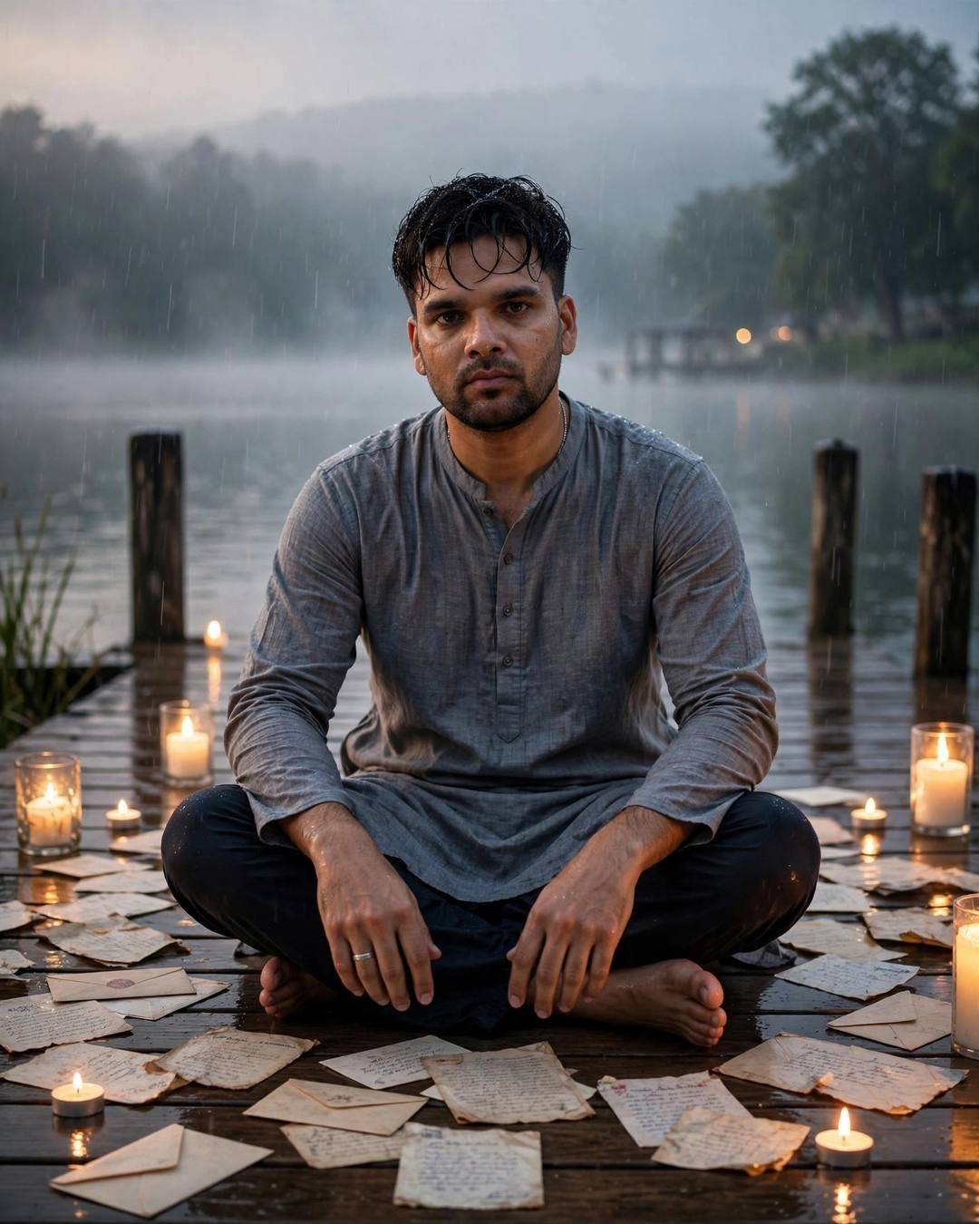 Young man in grey kurta with dark pajama sitting cross-legged on a wooden lake pier at dawn, surrounded by old letters and candles