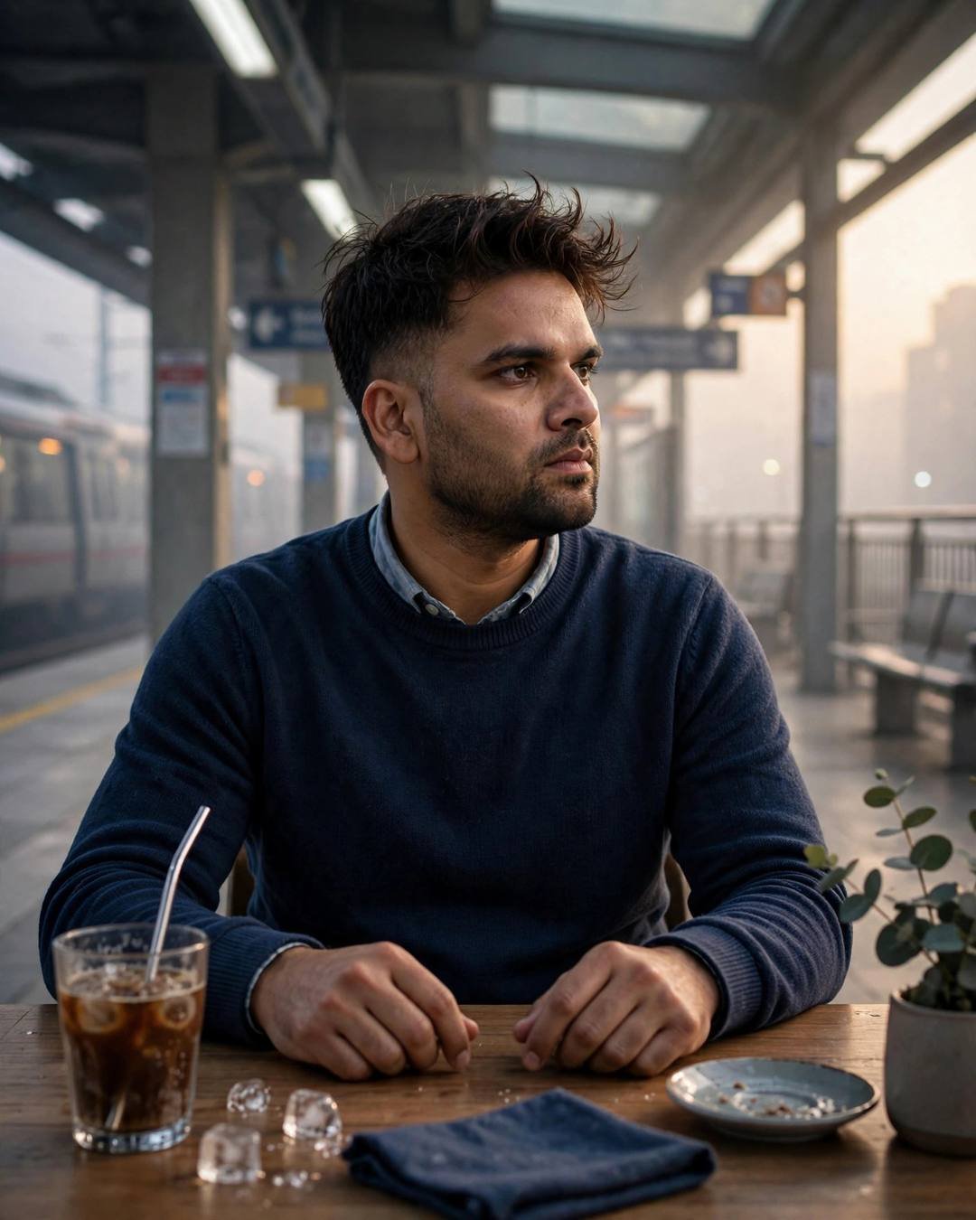 Young man in navy sweater over collared shirt sitting at a cafe table with cold coffee at a foggy metro station at dawn