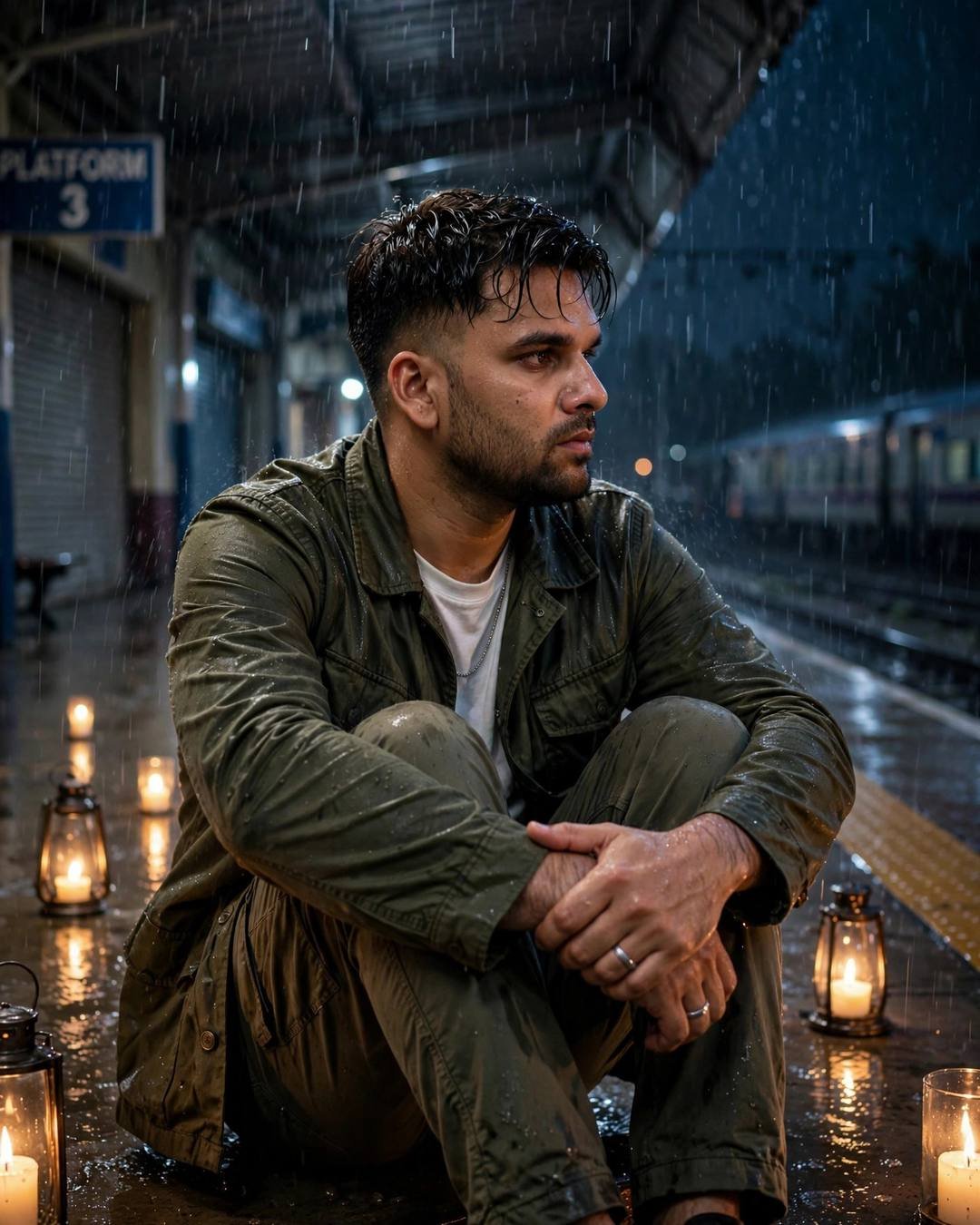 Young man in olive field jacket and white tee sitting with knees drawn up on an empty rain-wet railway platform at night