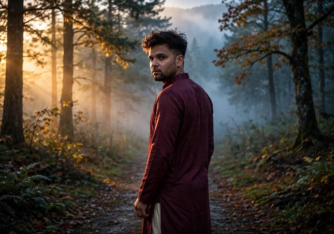 Young Indian man in maroon kurta looking over his shoulder on a misty forest path at golden hour