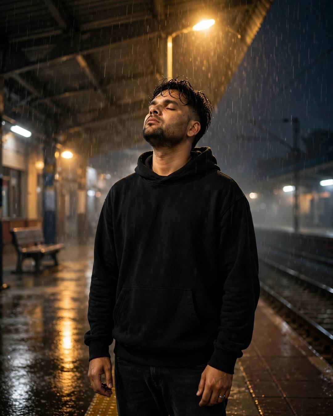 Young Indian man in black hoodie under a streetlamp in rain on an empty railway platform at night