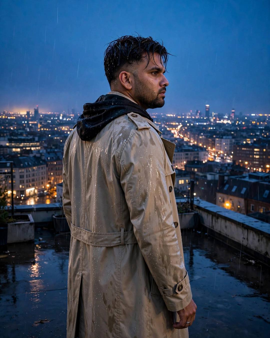 Young Indian man in beige trench coat on a rooftop overlooking city lights at blue hour