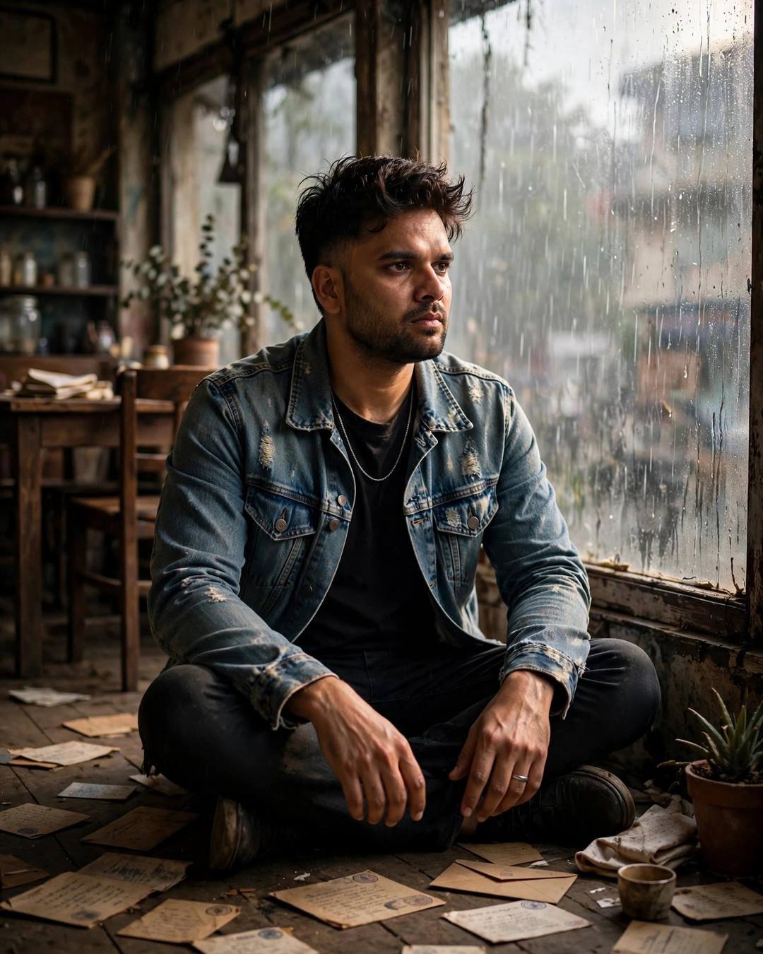 Young Indian man in denim jacket sitting among old letters by a fogged cafe window in the rain