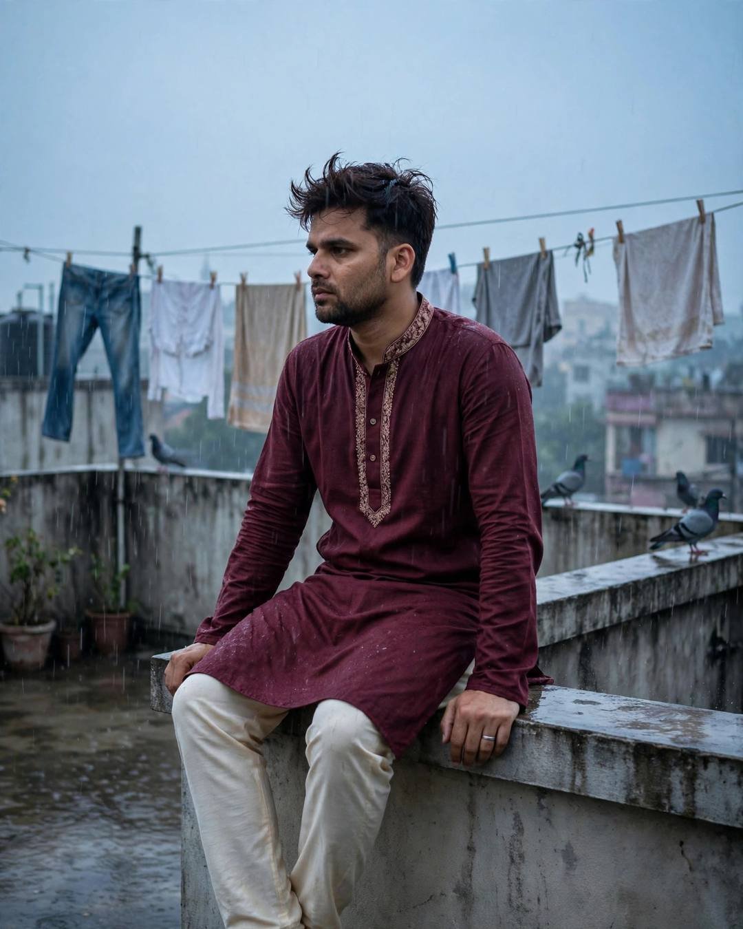 Young Indian man in maroon kurta sitting on a rooftop ledge at dawn with clothes lines and pigeons